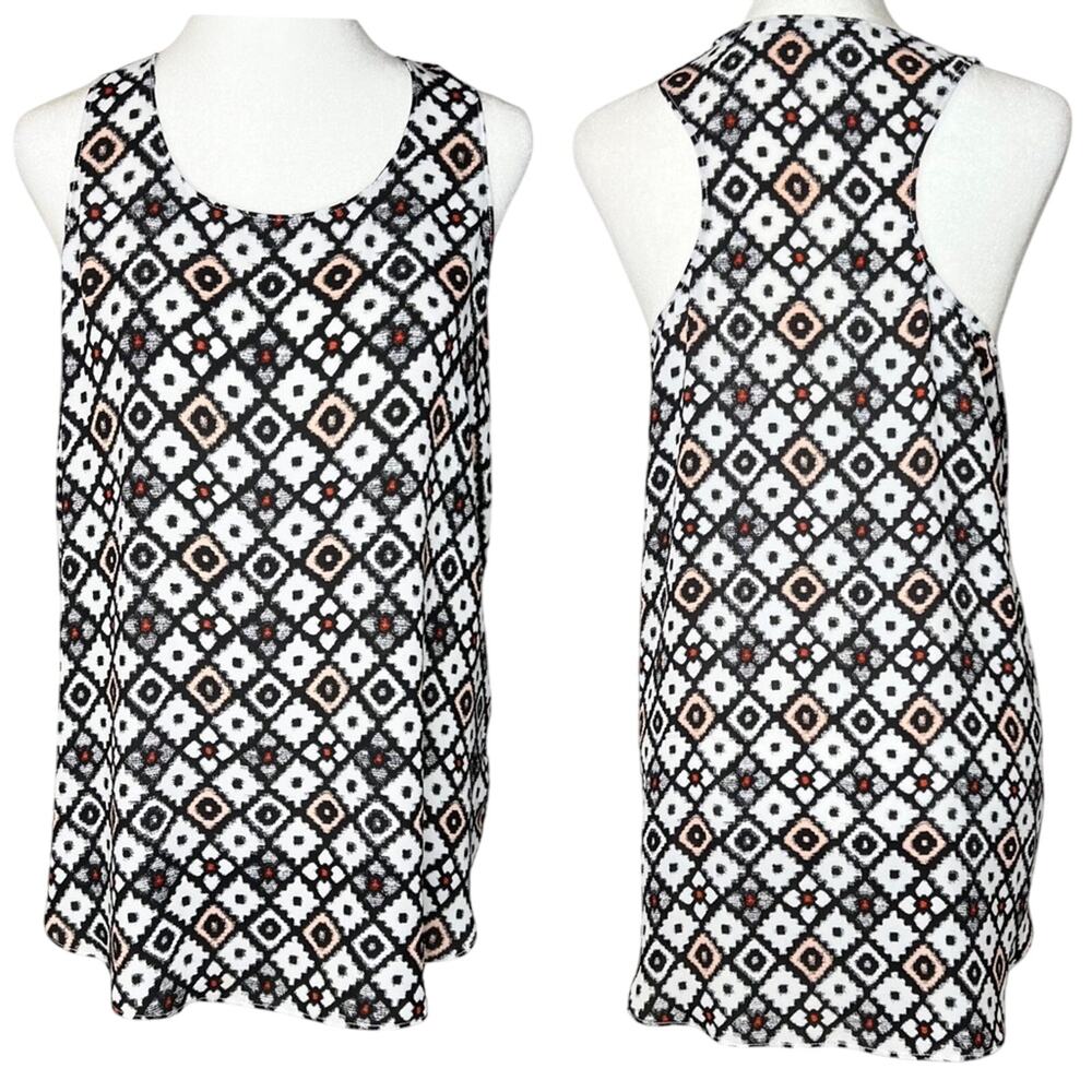 Loft Ann Taylor Tank M Black White Geometric Mosaic Racerback Boho Top
